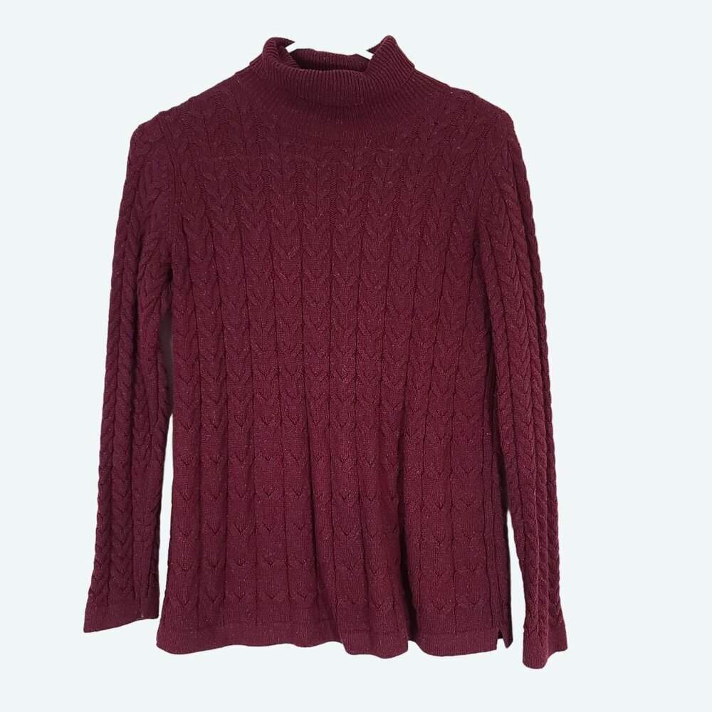 J Jill Burgundy Red Cable Knit Turtleneck Sweater Cotton Silk Blend Size XS‎